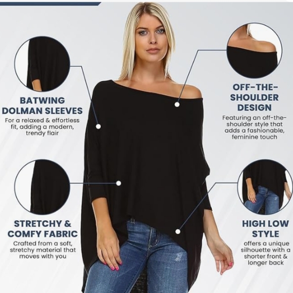 Isaac Liev Hi-Lo Tunic Top Domino Sleeve One Shoulder Or Off Shoulder - Picture 2 of 3